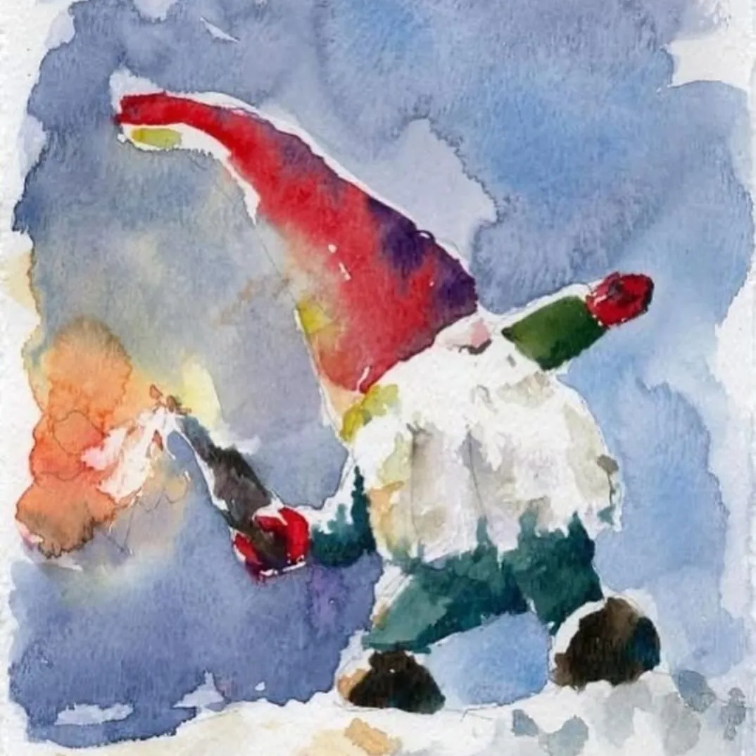 Watercolour painting of a gnome holding a lit molotov cocktail
